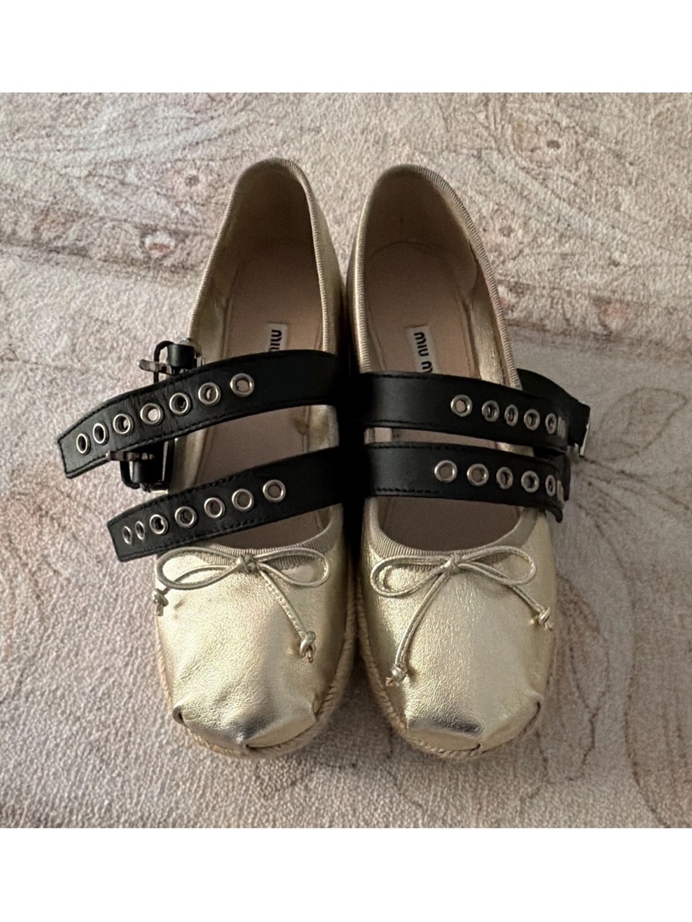 Miu Miu Black and Gold Wedge Espadrille Sandals